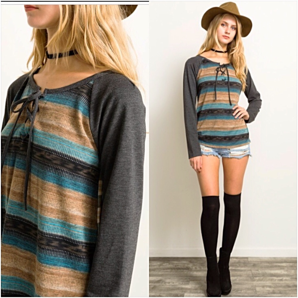 Soft Chic LaceUp Plaid Striped Colorblock Top S - Picture 5 of 8
